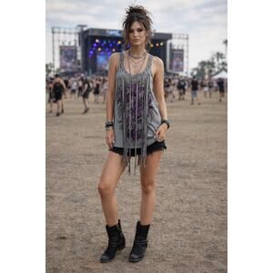 Ed Hardy Dragon Fringe Tank Top XL Gray Purple Graphic Grommets Y2K Moto Rock